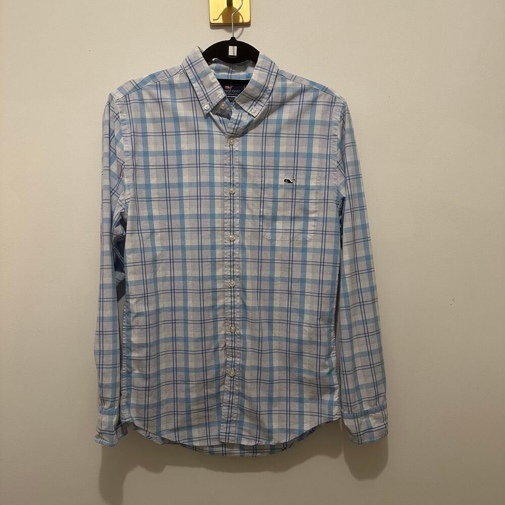 💥Vineyard Vines Slim Fit Tucker Blue White Plaid Whale Shirt Men's Size Small